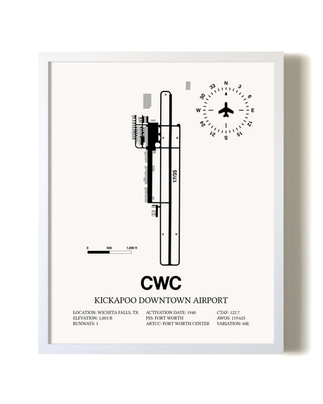 Kickapoo Downtown Airport airport map poster in oak frame