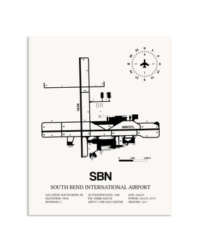 Gray South Bend International Airport framed poster displayed in an airplane hangar