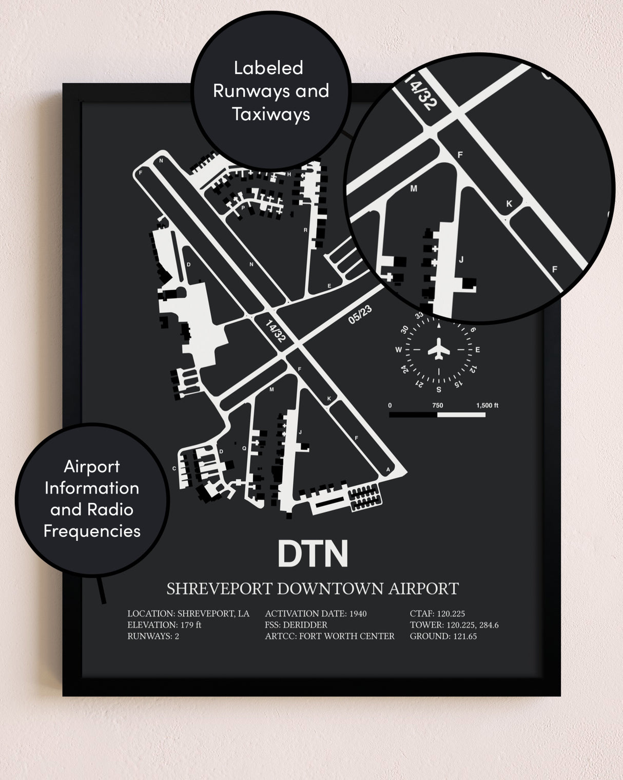 Shreveport Downtown Airport poster size comparison chart
