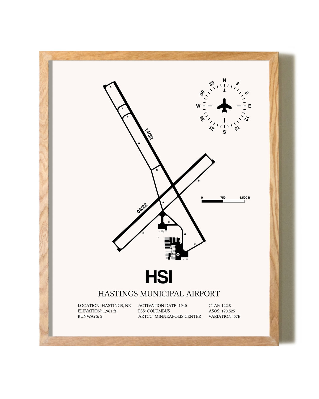 Hastings Municipal Airport framed print in natural wood frame