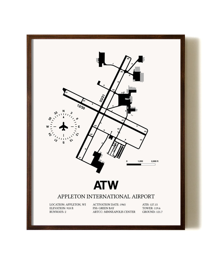 Appleton International Airport aviation print in walnut frame