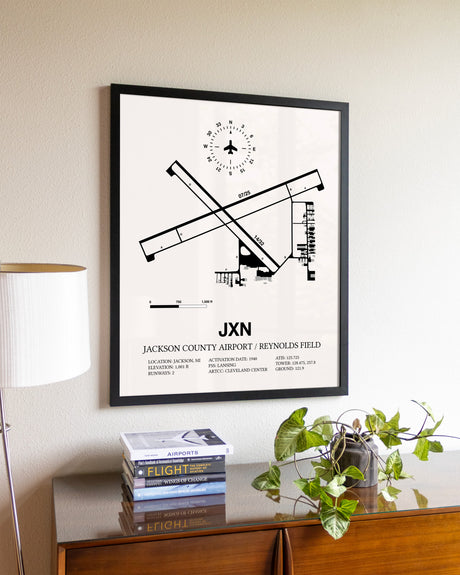 Jackson County Airport / Reynolds Field aviation wall décor in black wood frame