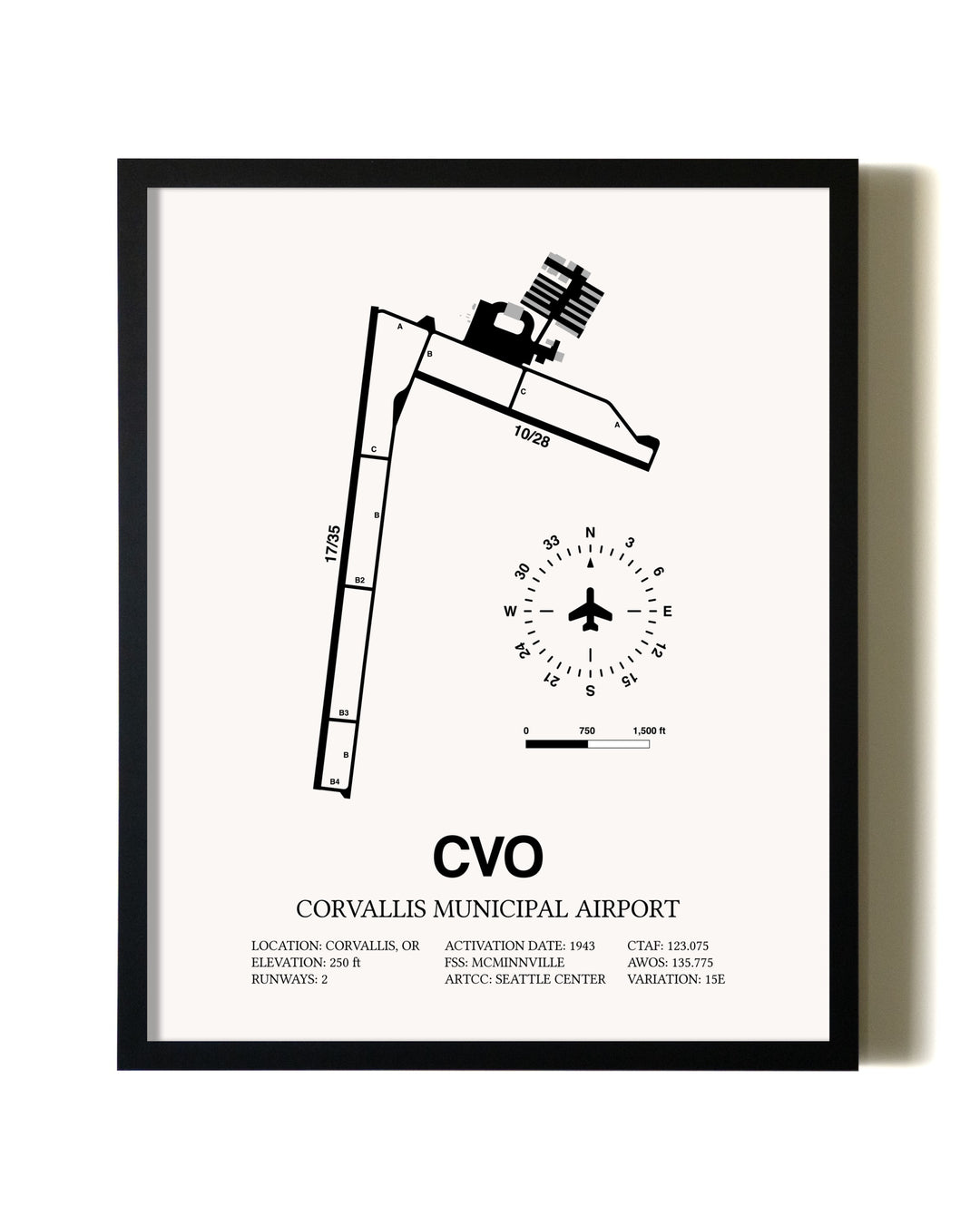 Framed Corvallis Municipal Airport wall art poster in black frame