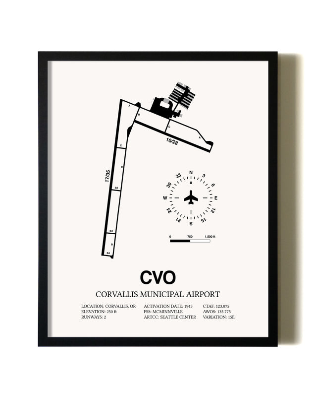 Framed Corvallis Municipal Airport wall art poster in black frame