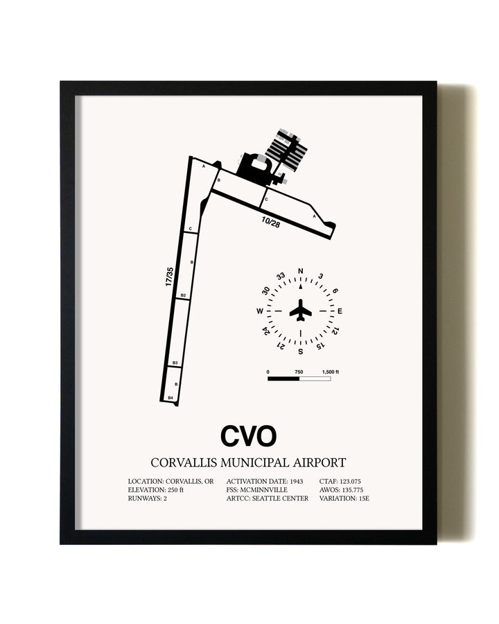 Framed Corvallis Municipal Airport wall art poster in black frame