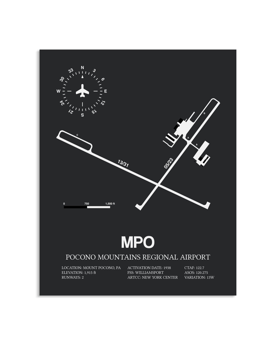 Gray Framed Pocono Mountains Regional Airport layout wall art poster