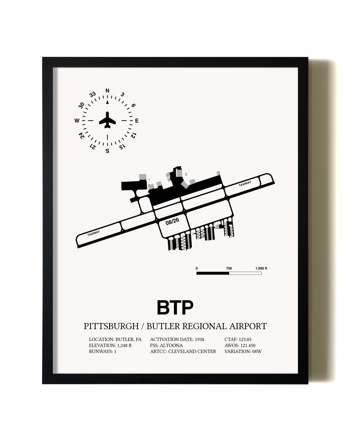 Framed Pittsburgh / Butler Regional Airport wall art poster in black frame