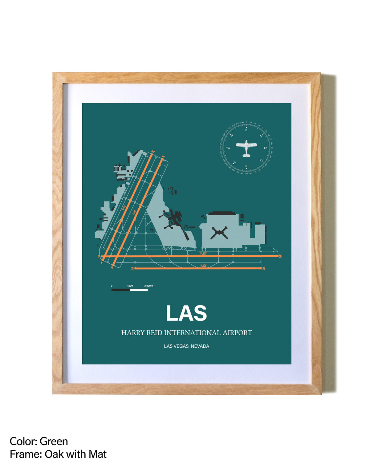 Harry Reid International Airport airport map poster in oak frame with mat
