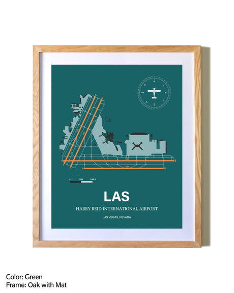 Harry Reid International Airport airport map poster in oak frame with mat
