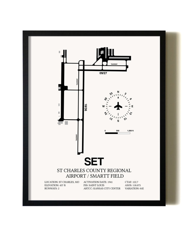 Framed St. Charles County Regional Airport / Smartt Field wall art poster in black frame