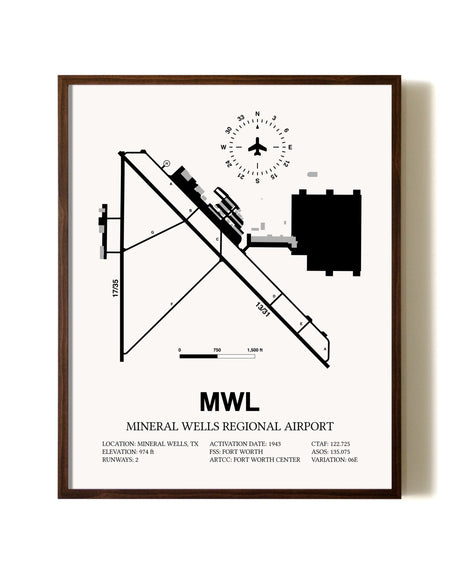 Mineral Wells Regional Airport aviation print in walnut frame