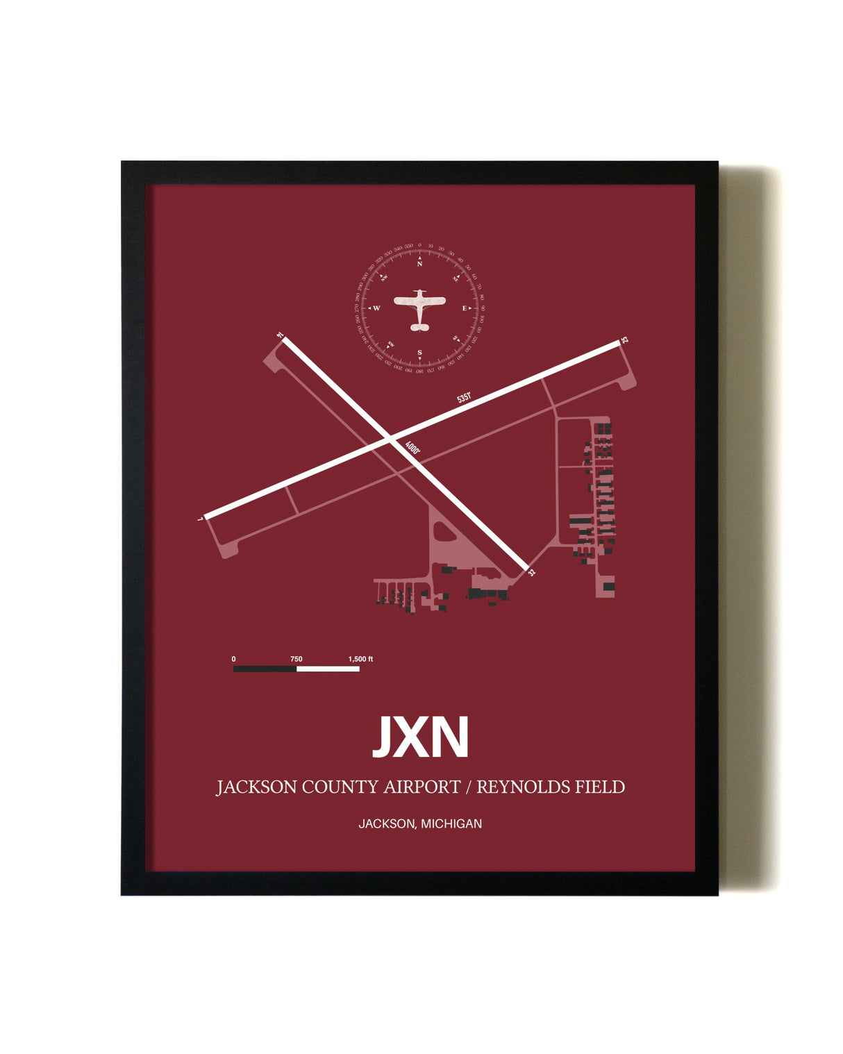 Red Framed Jackson County Airport/Reynolds Field wall art poster in black frame