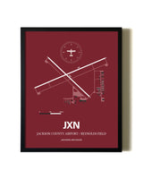 Red Framed Jackson County Airport/Reynolds Field wall art poster in black frame