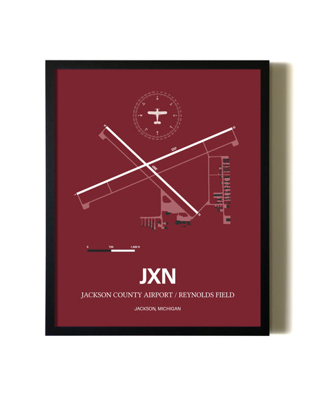 Red Framed Jackson County Airport/Reynolds Field wall art poster in black frame