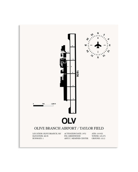 Gray Olive Branch Airport / Taylor Field framed poster displayed in an airplane hangar