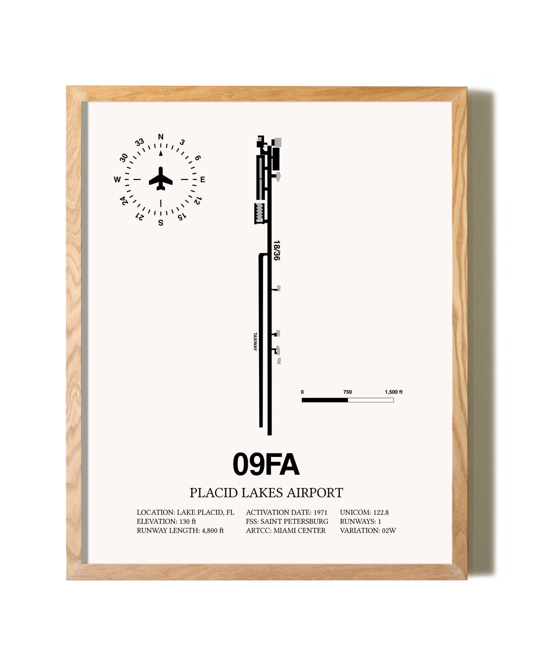 Placid Lakes Airport framed print in natural wood frame