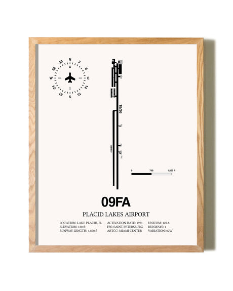 Placid Lakes Airport framed print in natural wood frame