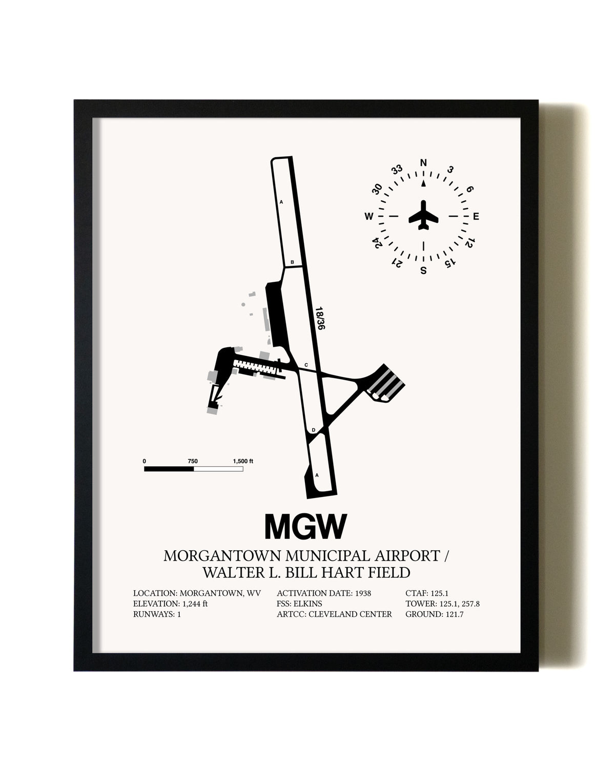 Framed Morgantown Municipal Airport / Walter L. Bill Hart Field wall art poster in black frame
