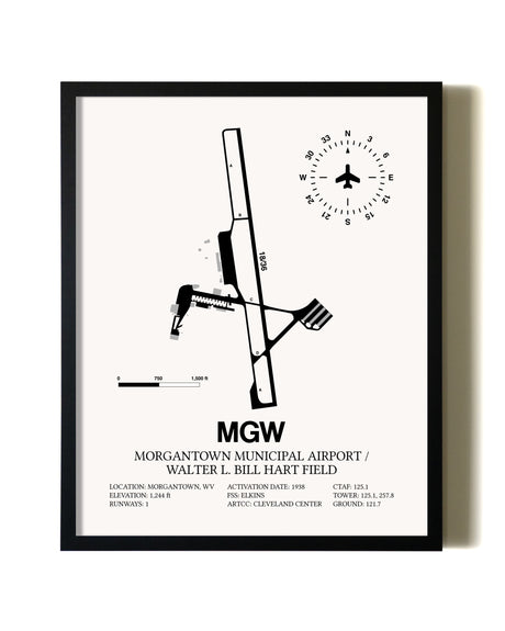 Framed Morgantown Municipal Airport / Walter L. Bill Hart Field wall art poster in black frame