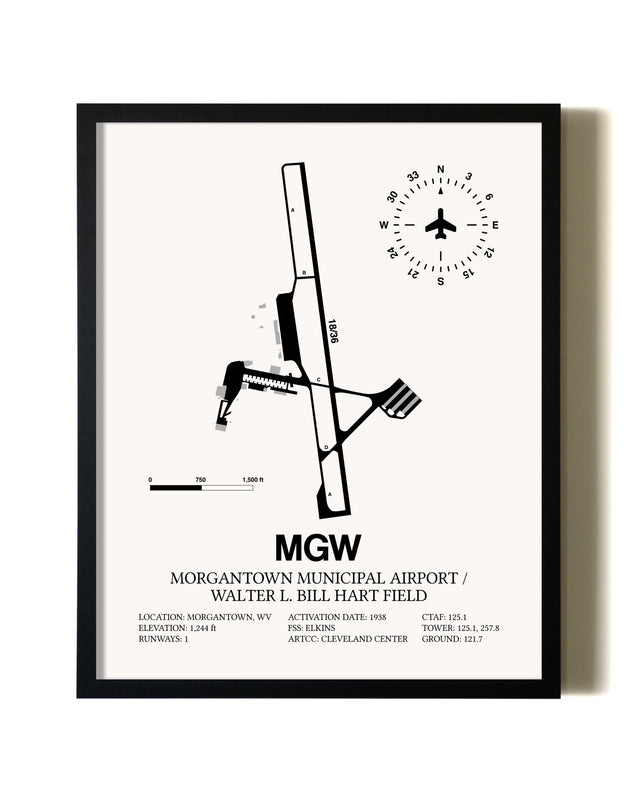 Framed Morgantown Municipal Airport / Walter L. Bill Hart Field wall art poster in black frame