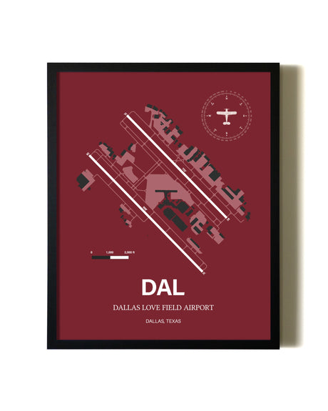Red Framed Dallas Love Field Airport wall art poster in black frame