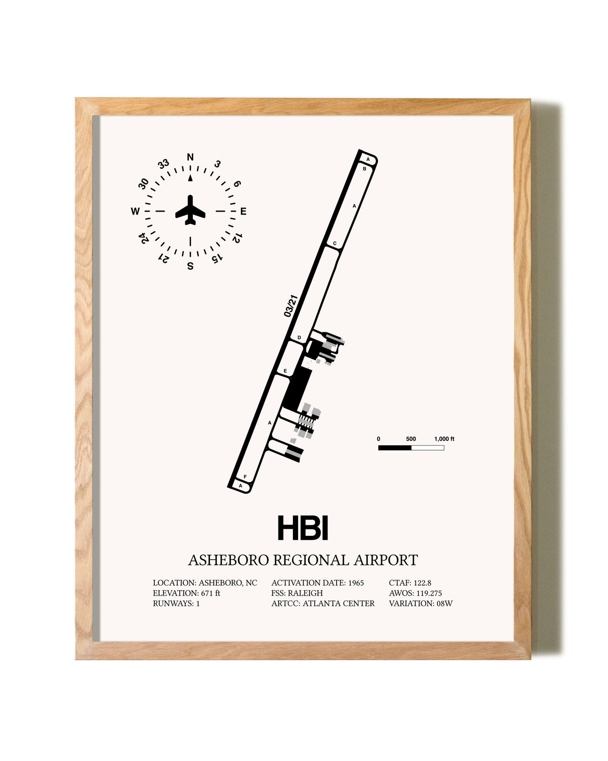 Asheboro Regional Airport framed print in natural wood frame