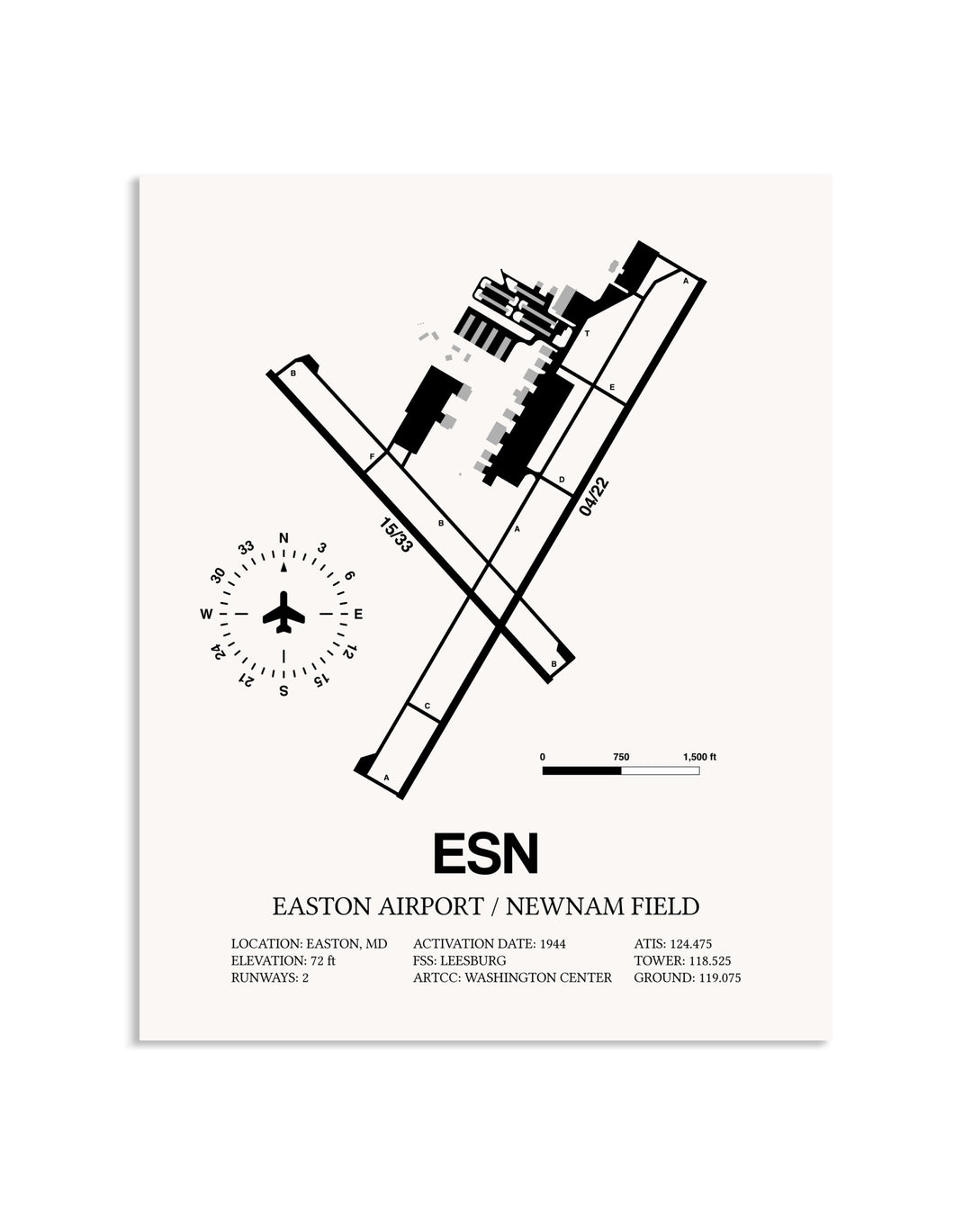 Gray Easton Airport / Newnam Field framed poster displayed in an airplane hangar