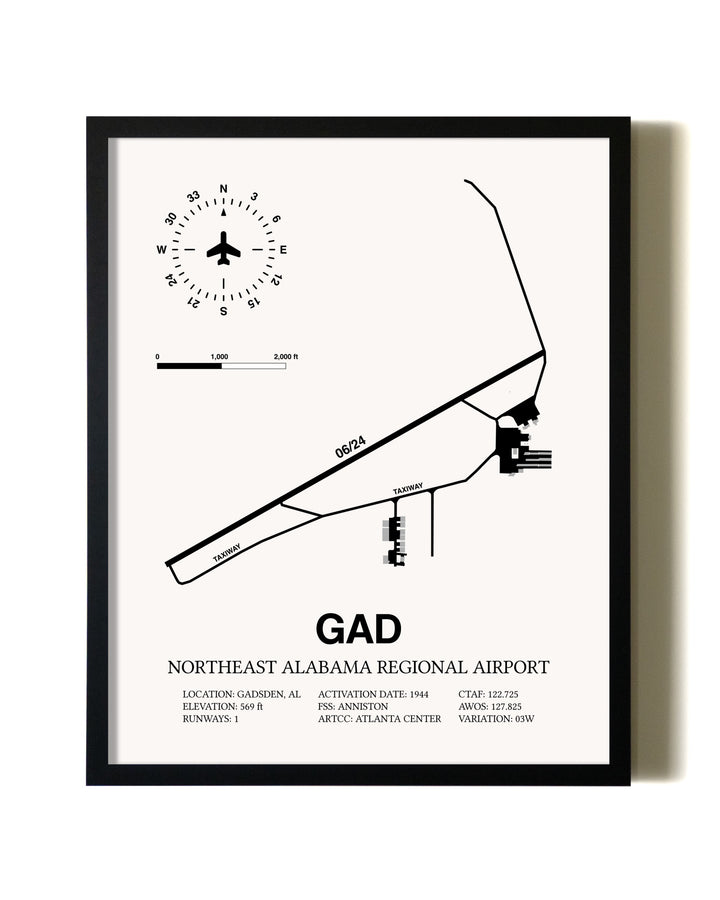 Framed Northeast Alabama Regional Airport wall art poster in black frame