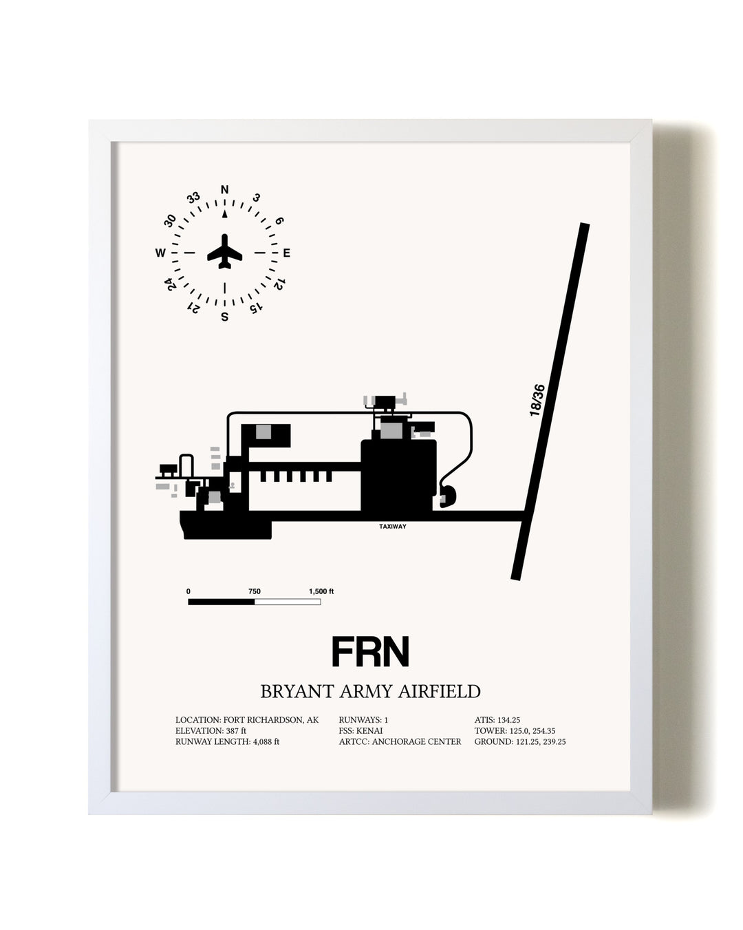 Bryant Army Airfield airport map poster in oak frame
