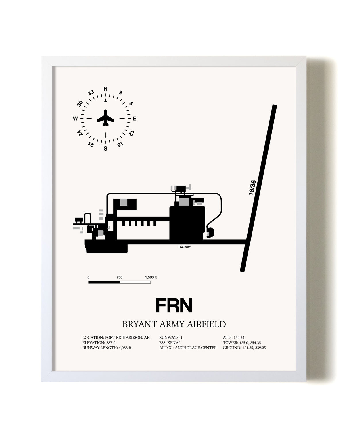 Bryant Army Airfield airport map poster in oak frame