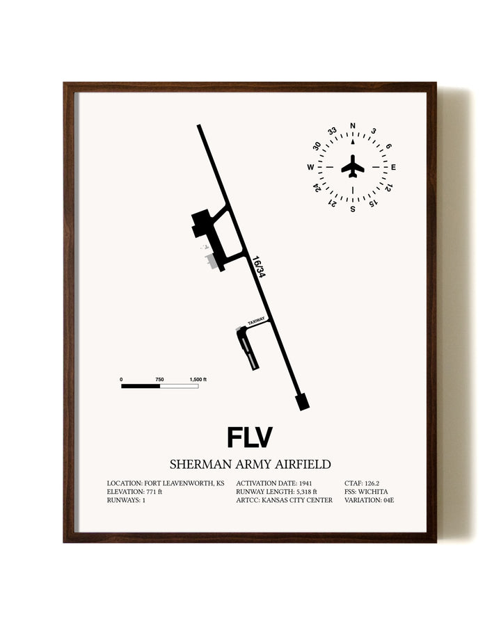 Sherman Army Airfield aviation print in walnut frame