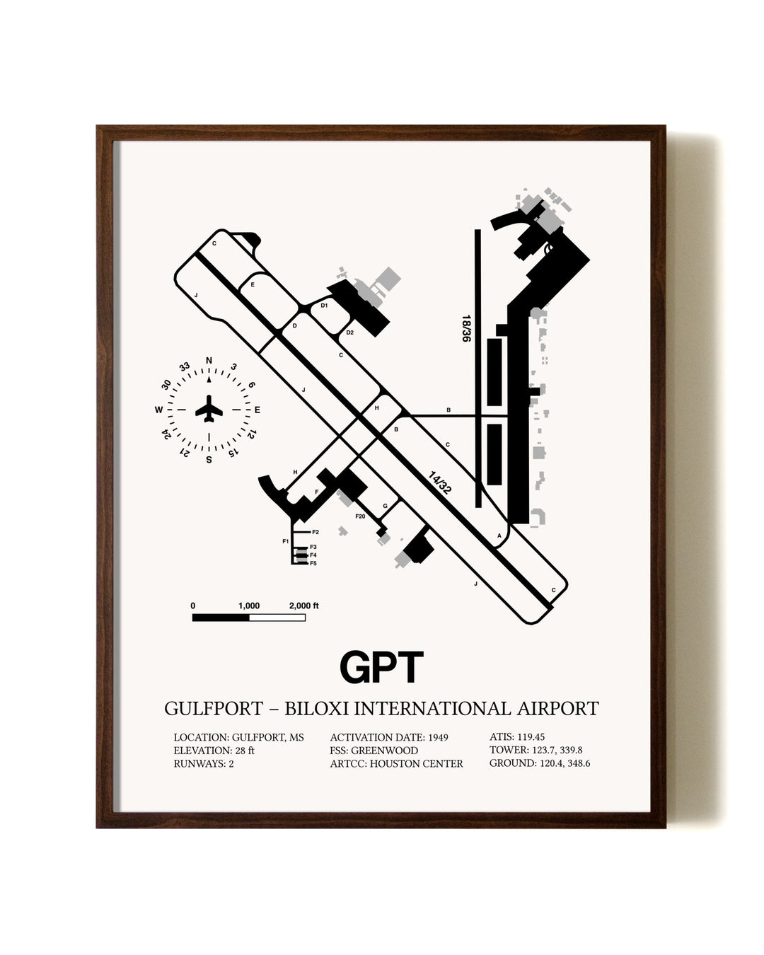 Gulfport-Biloxi International Airport aviation print in walnut frame