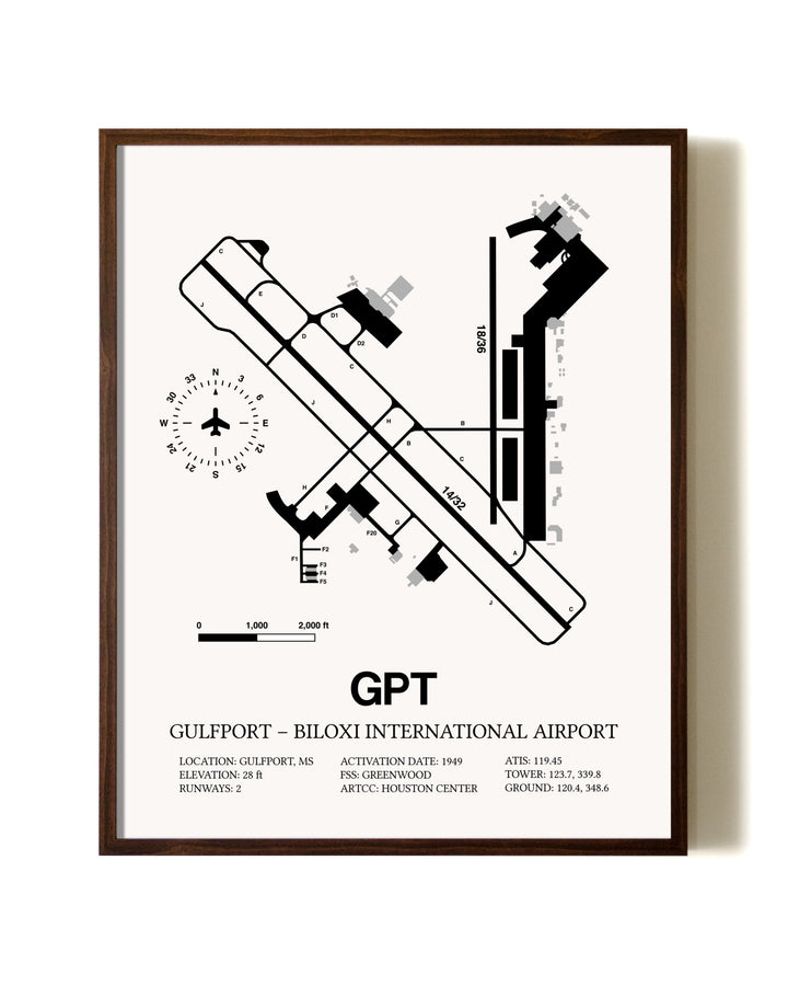 Gulfport-Biloxi International Airport aviation print in walnut frame