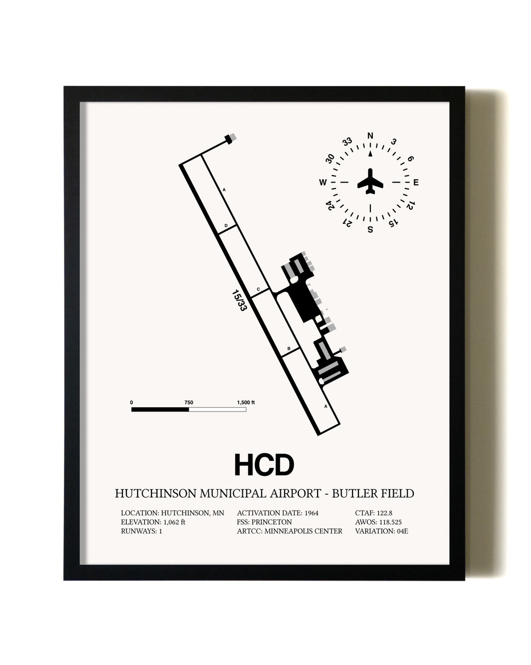 Framed Hutchinson Municipal Airport-Butler Field wall art poster in black frame