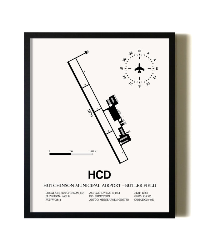 Framed Hutchinson Municipal Airport-Butler Field wall art poster in black frame