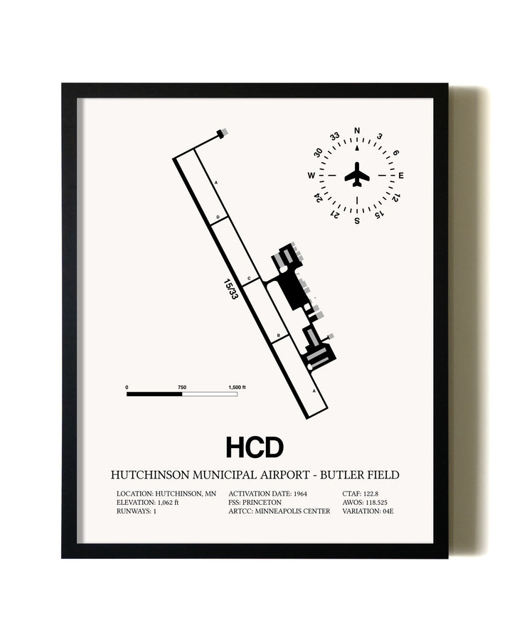 Framed Hutchinson Municipal Airport-Butler Field wall art poster in black frame