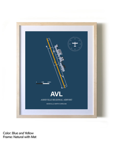 Asheville Regional Airport framed print in natural wood frame with mat