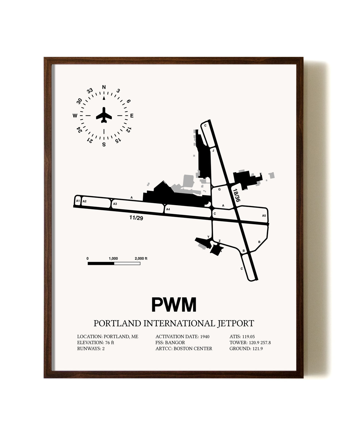 Portland International Jetport aviation print in walnut frame