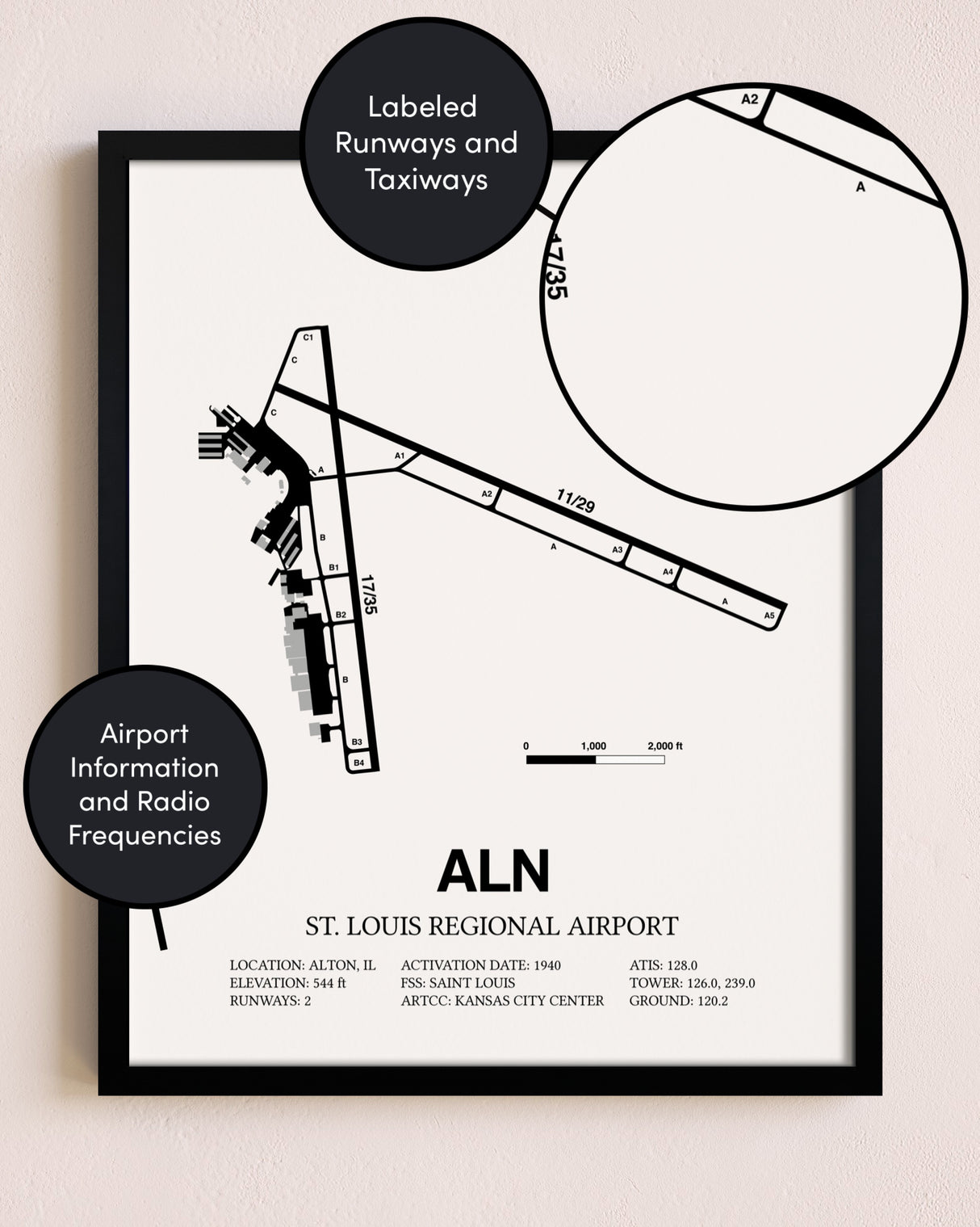 Framed St. Louis Regional Airport layout wall art poster