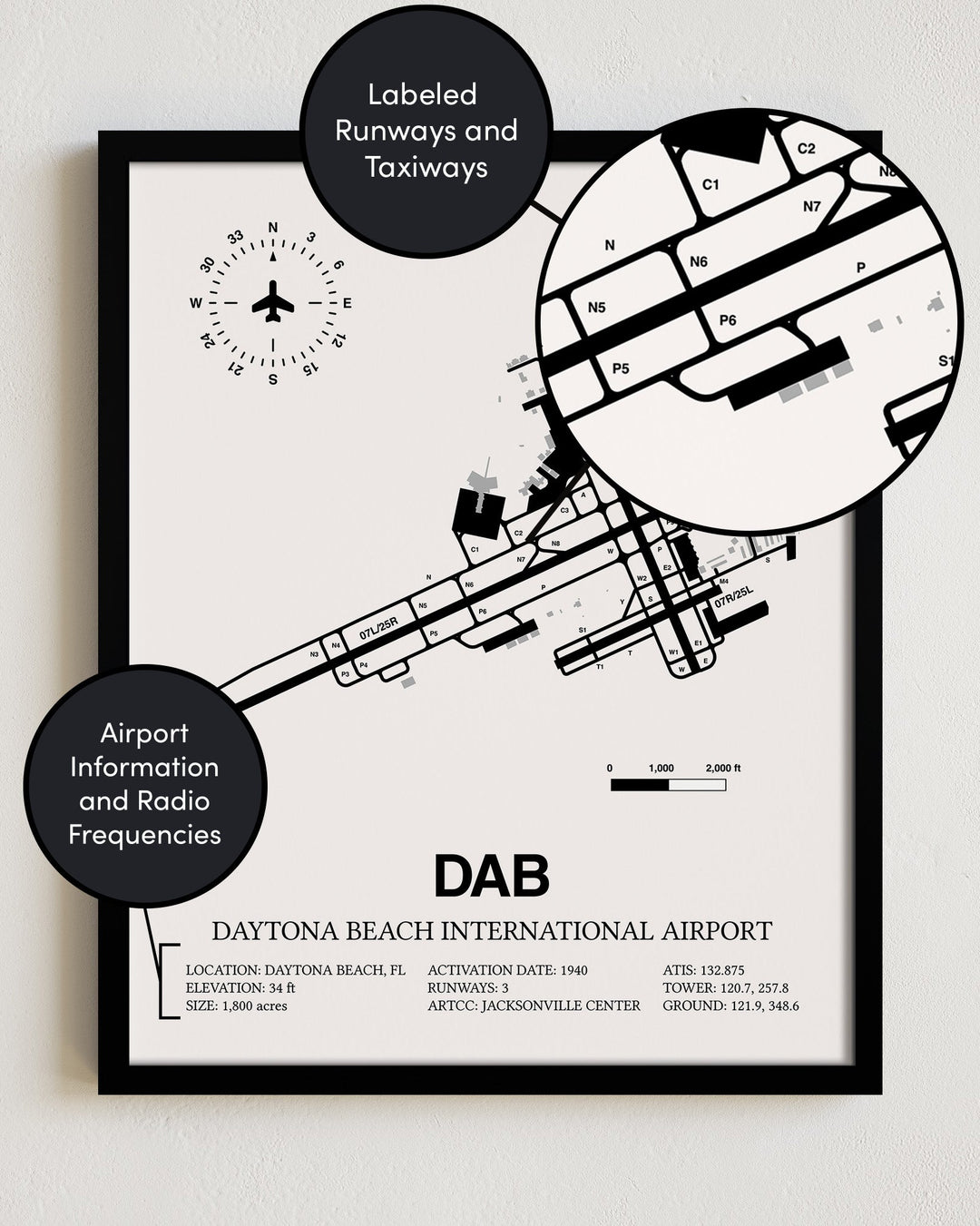 Framed Detailed Airport Map of Daytona Beach International Airport (DAB) in White with a Black Frame