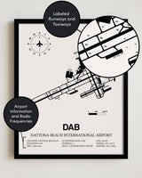Framed Detailed Airport Map of Daytona Beach International Airport (DAB) in White with a Black Frame
