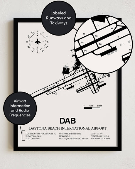 Framed Detailed Airport Map of Daytona Beach International Airport (DAB) in White with a Black Frame