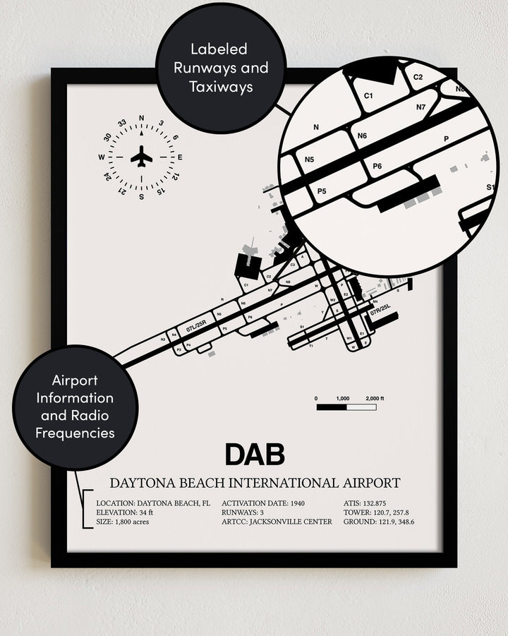 Framed Detailed Airport Map of Daytona Beach International Airport (DAB) in White with a Black Frame