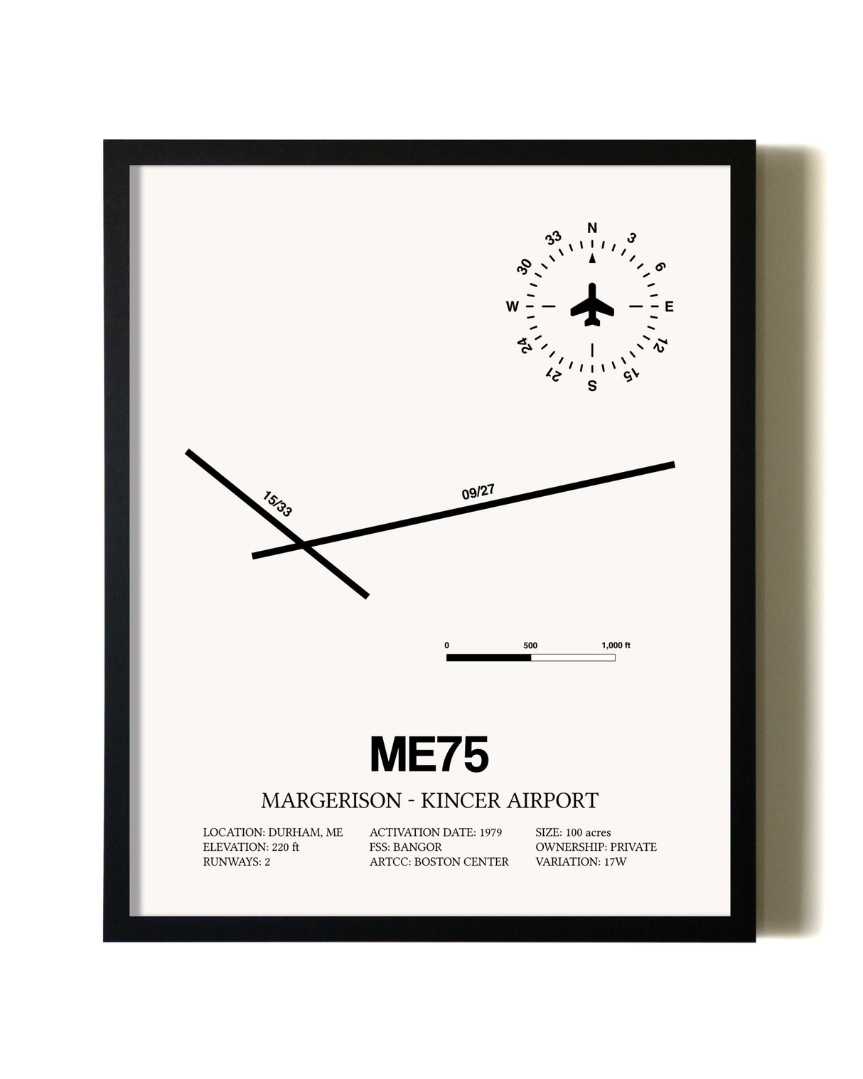 Framed Margerison-Kincer Airport wall art poster in black frame