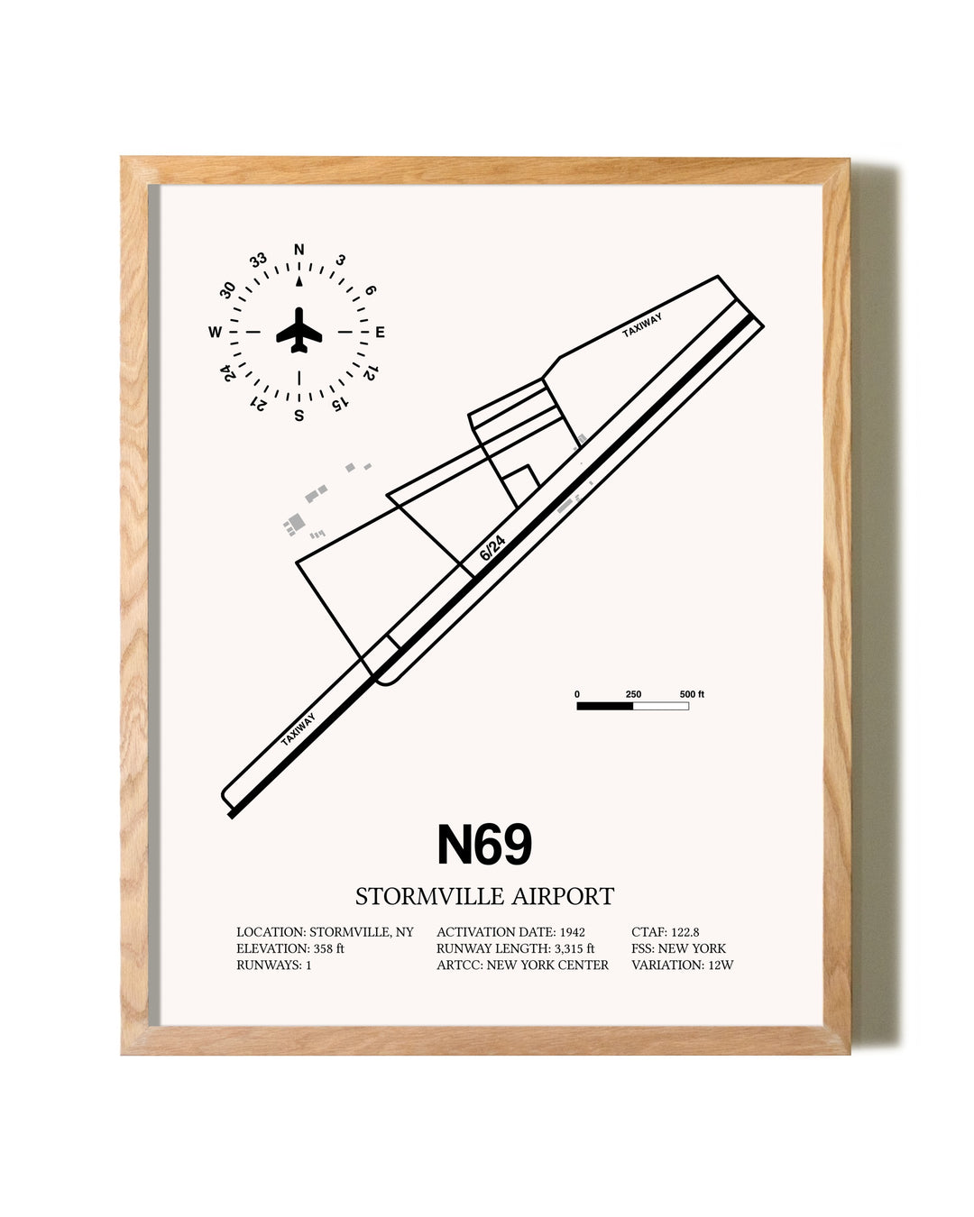 Stormville Airport framed print in natural wood frame