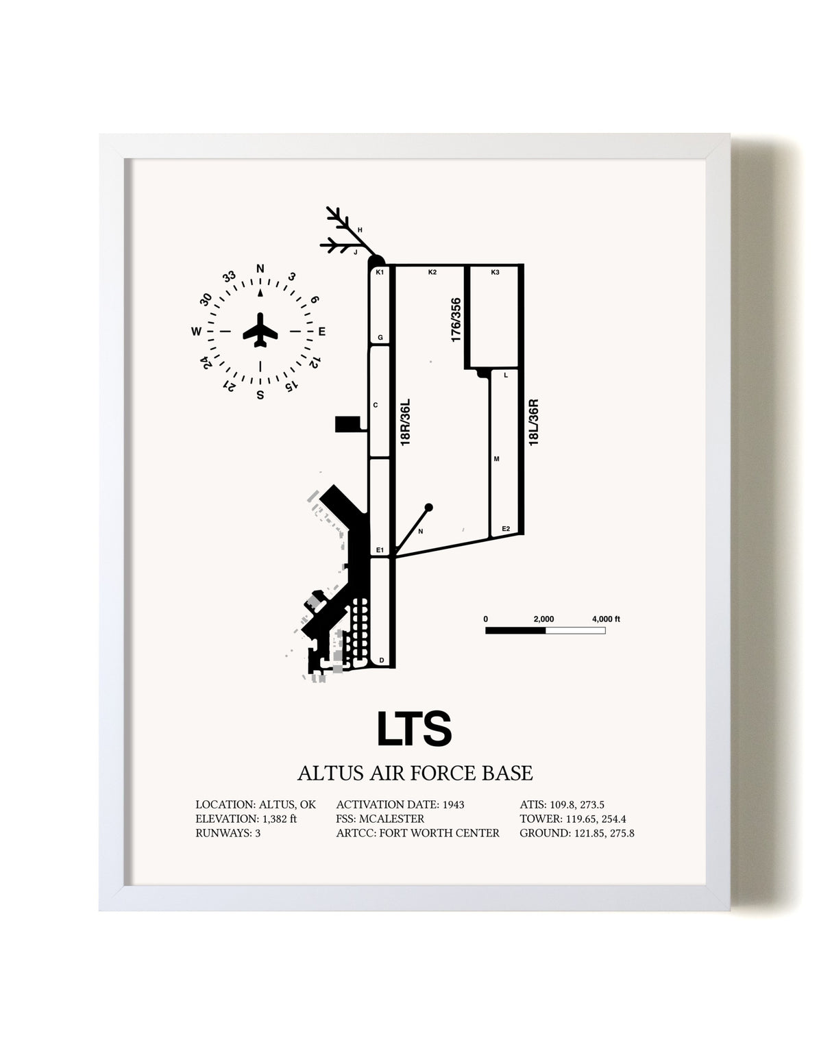Altus Air Force Base airport map poster in oak frame