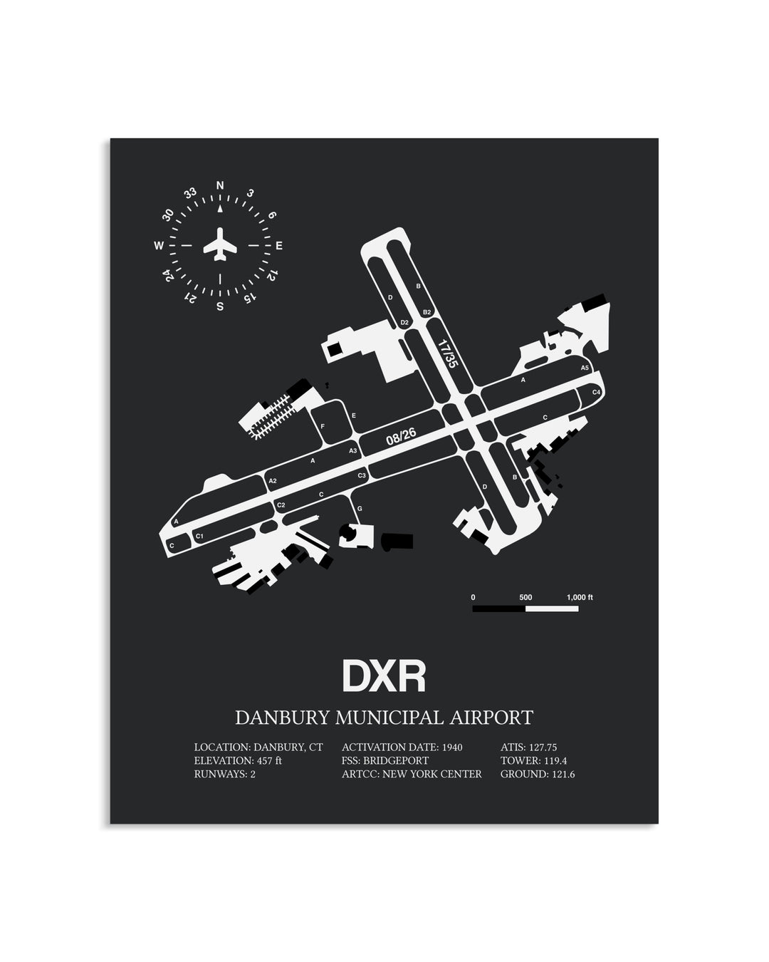 Gray Framed Danbury Municipal Airport layout wall art poster