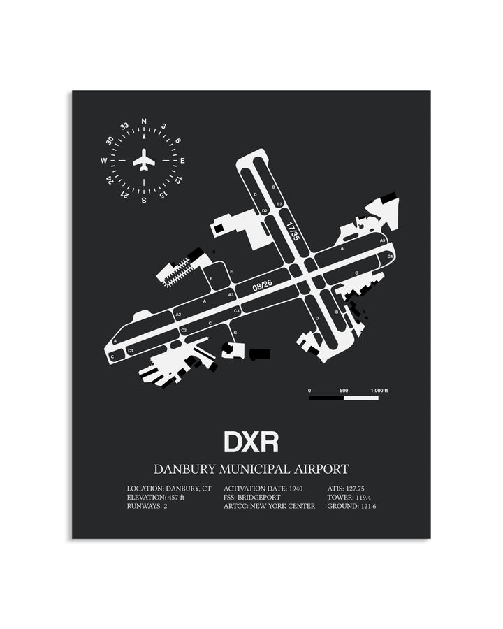 Gray Framed Danbury Municipal Airport layout wall art poster