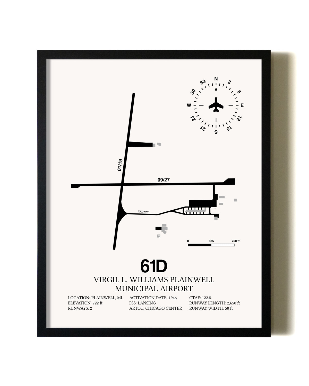 Framed Virgil L. Williams Plainwell Municipal Airport wall art poster in black frame