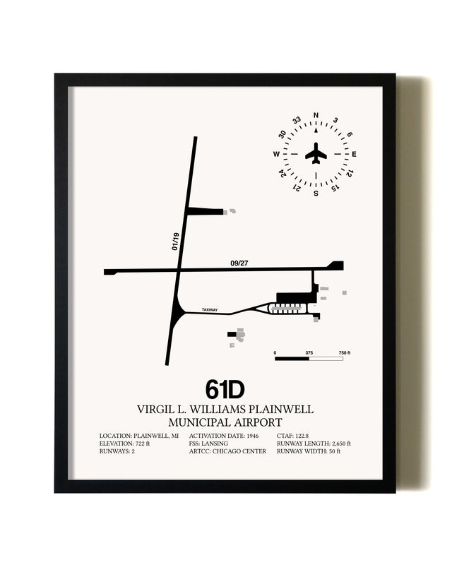 Framed Virgil L. Williams Plainwell Municipal Airport wall art poster in black frame